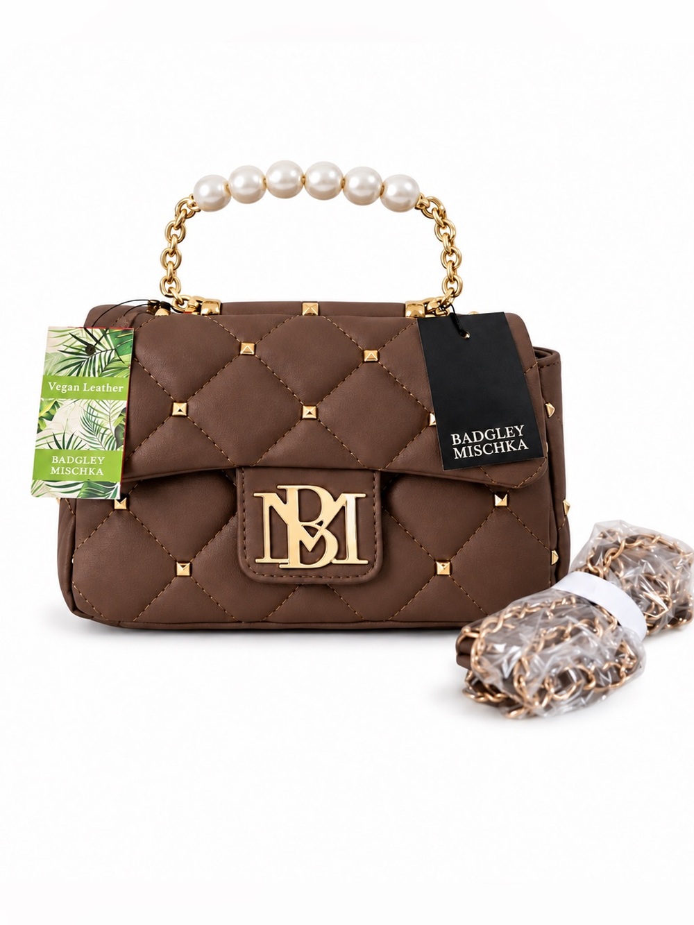 Badgley Mischka Brown Quilted Pearl Handle Formal Evening Bag Crossbody NWT